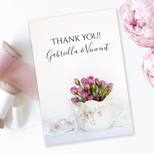 ティーポットのピンクのバラ結婚の花に感謝の意 サンキューカード