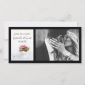 ティーポットの結婚式でピンクのバラの花デートを保存 セーブザデート (正面)