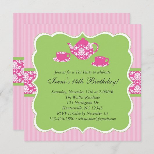 ティーポットの誕生日のパーティの招待状 招待状 (正面/裏面)