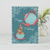 ティーポットの雪を注ぐティーカップクリスマス シーズンカード (スタンド正面)