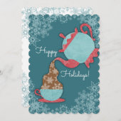 ティーポットの雪を注ぐティーカップクリスマス シーズンカード (正面/裏面)