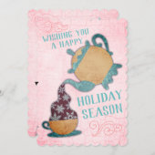 ティーポットの雪片の茶売り手のクリスマスカード シーズンカード (正面/裏面)