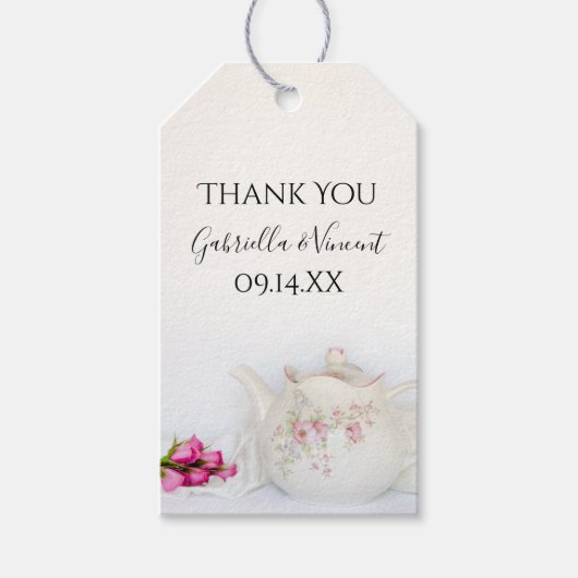 ティーポットアンドピンクローズ結婚式の引き出物ラベル ギフトタグ (正面)