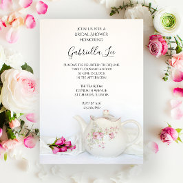 ティーポットウィズピンクローズティーパーティーブライダルシャワー 招待状