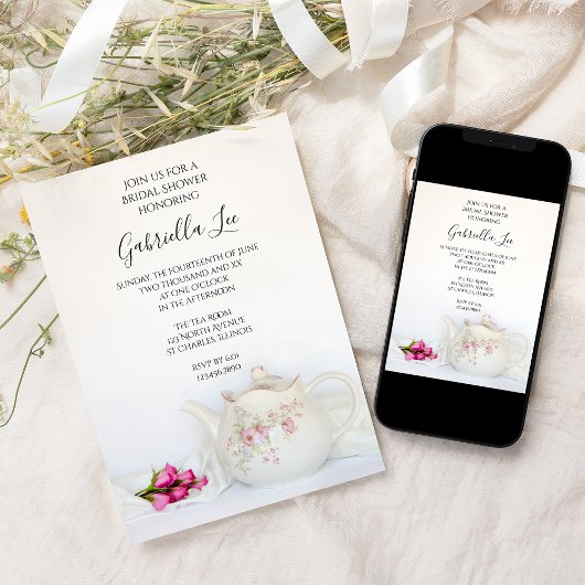 ティーポットウィズピンクローズティーパーティーブライダルシャワー 招待状