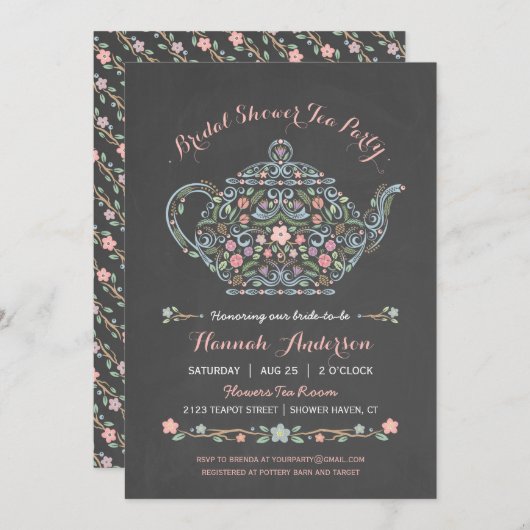 ティーポットエレガントブライダルシャワーチャルクボード招待状 招待状 (正面/裏面)