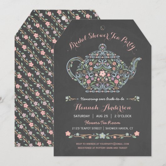 ティーポットエレガントブライダルシャワーチャルクボード招待状 招待状 (正面/裏面)