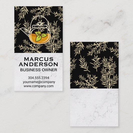 ティーポットグリーンリーフ | ハーブ植物背景 名刺 (正面/裏面)