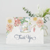 ティーポットサンキューノートダスティブルー赤面ピンクフローラ サンキューカード (スタンド正面)