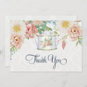 ティーポットサンキューノートダスティブルー赤面ピンクフローラ サンキューカード (正面/裏面)