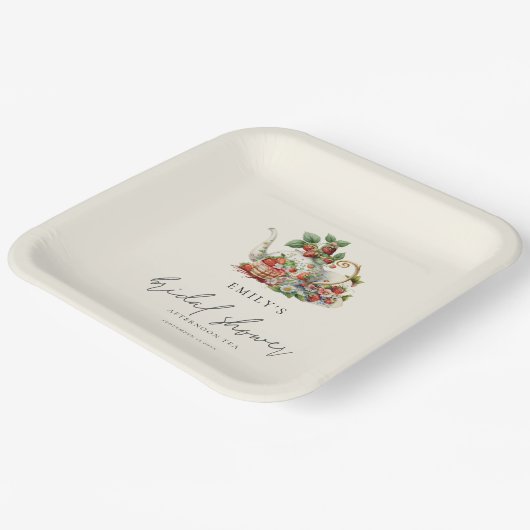 ティーポットストロベリーアフタヌーンティーブライダルシャワー ペーパープレート (傾斜あり)