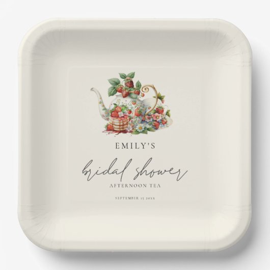 ティーポットストロベリーアフタヌーンティーブライダルシャワー ペーパープレート (正面)