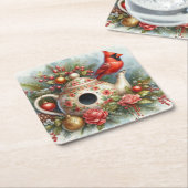 ティーポットバードハウス（鳥）ショウジョウコウカンチョウ4 スクエアペーパーコースター (アングル)