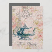 ティーポットパリエッフェルタワーヴィンテージティーパーティー 招待状 (正面/裏面)