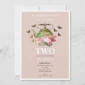 ティーポットパーティーピンクフローラ蝶ガール誕生日 招待状 (正面)