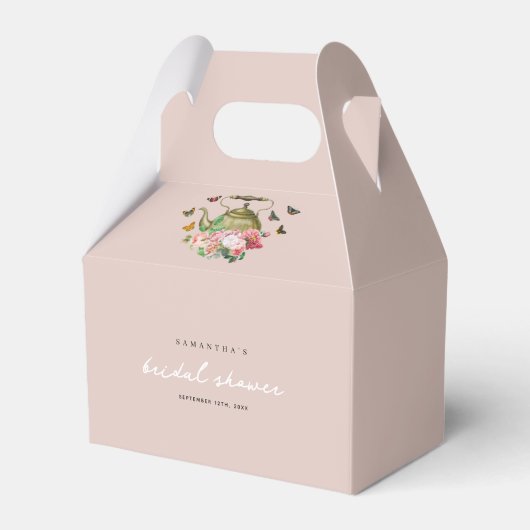ティーポットパーティーピンクフローラ蝶ブライダルシャワー フェイバーボックス (正面サイド)