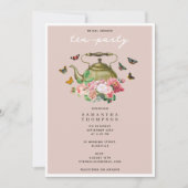 ティーポットパーティーピンクフローラ蝶ブライダルシャワー 招待状 (正面)