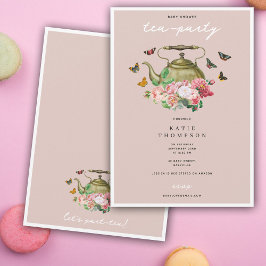 ティーポットパーティーピンクフローラ蝶ベビーシャワー 招待状