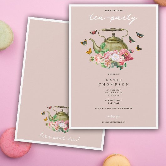 ティーポットパーティーピンクフローラ蝶ベビーシャワー 招待状