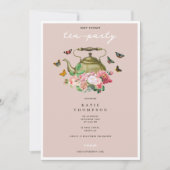 ティーポットパーティーピンクフローラ蝶ベビーシャワー 招待状 (正面)