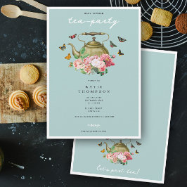 ティーポットパーティーブルーフローラ蝶ベビーシャワー 招待状