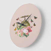ティーポットパーティー ピンクの花と蝶のキッチン ラージ壁時計 (傾斜)