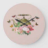 ティーポットパーティー ピンクの花と蝶のキッチン ラージ壁時計 (正面)