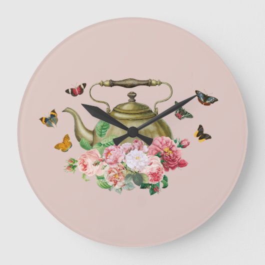 ティーポットパーティー ピンクの花と蝶のキッチン ラージ壁時計 (正面)