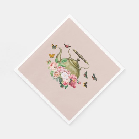 ティーポットパーティー ピンクの花と蝶のデザインのケトル スタンダードランチョンナプキン (角)
