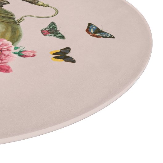 ティーポットパーティー ピンクの花と蝶のデザインのレトロなケトル カッティングボード (角)