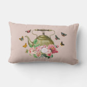 ティーポットパーティー ピンクの花と蝶のデザインのレトロなケトル ランバークッション (裏面)