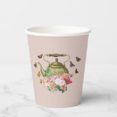 ティーポットパーティー ピンクの花と蝶のデザインのレトロなケトル 紙コップ (正面)