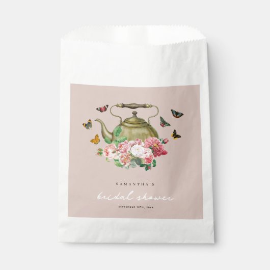 ティーポットパーティー ピンクの花と蝶のブライダルシャワー フェイバーバッグ (正面)