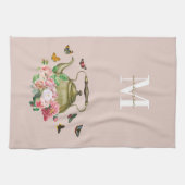 ティーポットパーティー ピンクの花と蝶のモノグラム キッチンタオル (横)