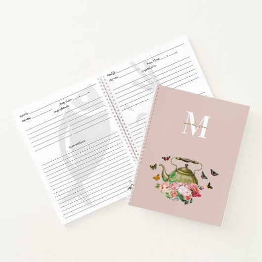 ティーポットパーティー ピンクの花と蝶のモノグラム ノートブック (内部)