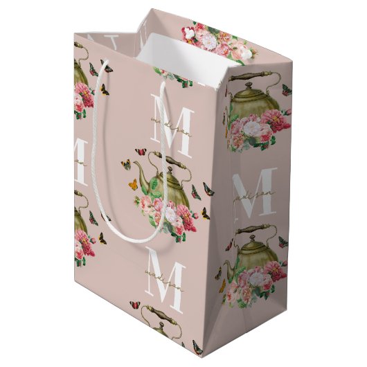 ティーポットパーティー ピンクの花と蝶のモノグラム ミディアムペーパーバッグ (裏面アングル)