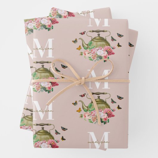 ティーポットパーティー ピンクの花と蝶のモノグラム ラッピングペーパーシート (インサイチュ)