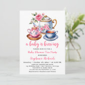 ティーポットピンクローズフラワーティーパーティーベビーシャワー 招待状 (スタンド正面)