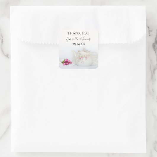 ティーポットピンクローゼスサンキューメッセージカード スクエアシール (バッグ)