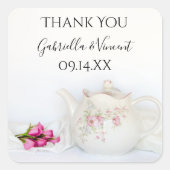 ティーポットピンクローゼスサンキューメッセージカード スクエアシール (正面)