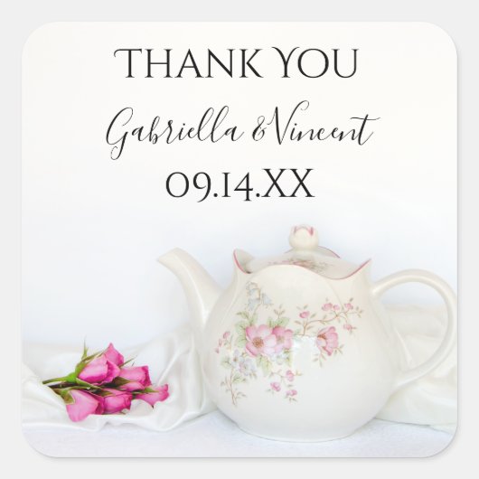 ティーポットピンクローゼスサンキューメッセージカード スクエアシール (正面)