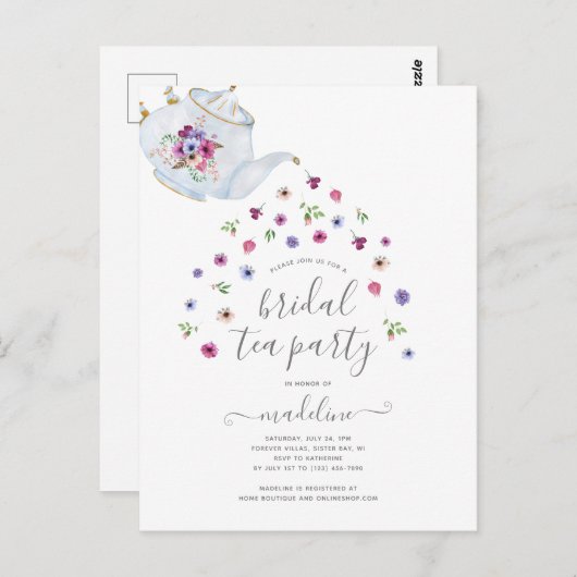 ティーポットフローラブライダルシャワーティーパーティの招待状 ポストカード (正面/裏面)