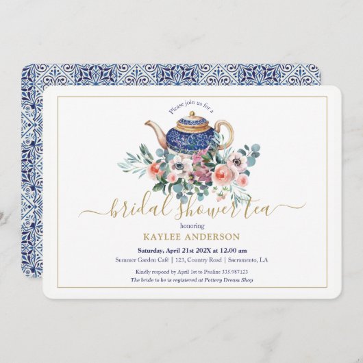 ティーポットフローラブライダルシャワーティー招待カード 招待状 (正面/裏面)
