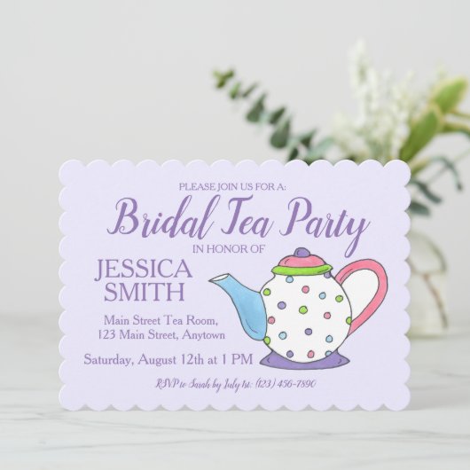 ティーポットブライダルウェディングシャワーパープルティーパーティー 招待状 (スタンド正面)