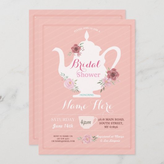 ティーポットブライダルシャワーアフタヌーンティーパーティーブランチ 招待状 (正面/裏面)