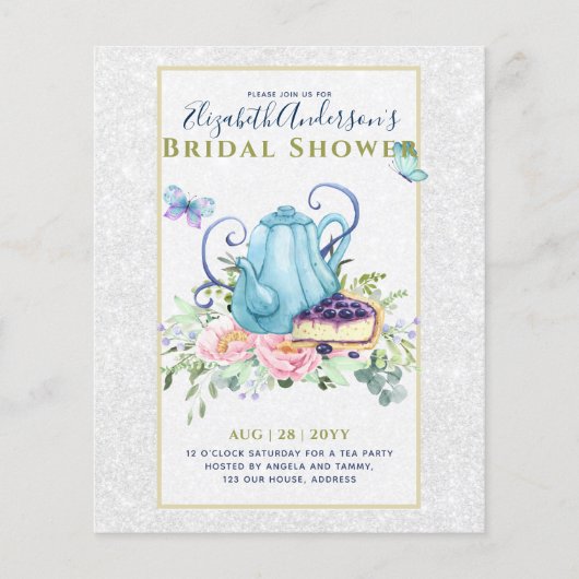 ティーポットブライダルシャワーティータイムアフタヌーンティー招待状 (正面)