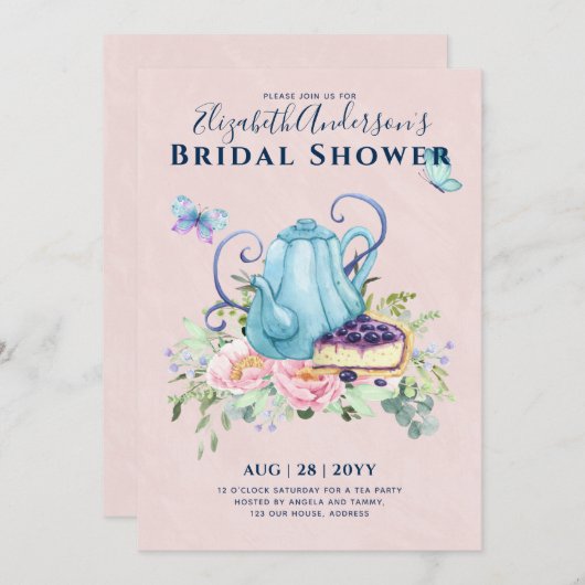 ティーポットブライダルシャワーティータイムアフタヌーンティー招待状 招待状 (正面/裏面)