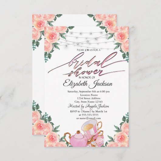 ティーポットマカロン文字列ライトバラブライダルシャワー 招待状 (正面/裏面)