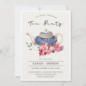 ティーポットレッドフローラカップルシャワーティーパーティー招待状 サンキューカード (正面)