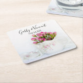 ティーポット茶のパーティーのピンクのバラ結婚の花 スクエアペーパーコースター (アングル)